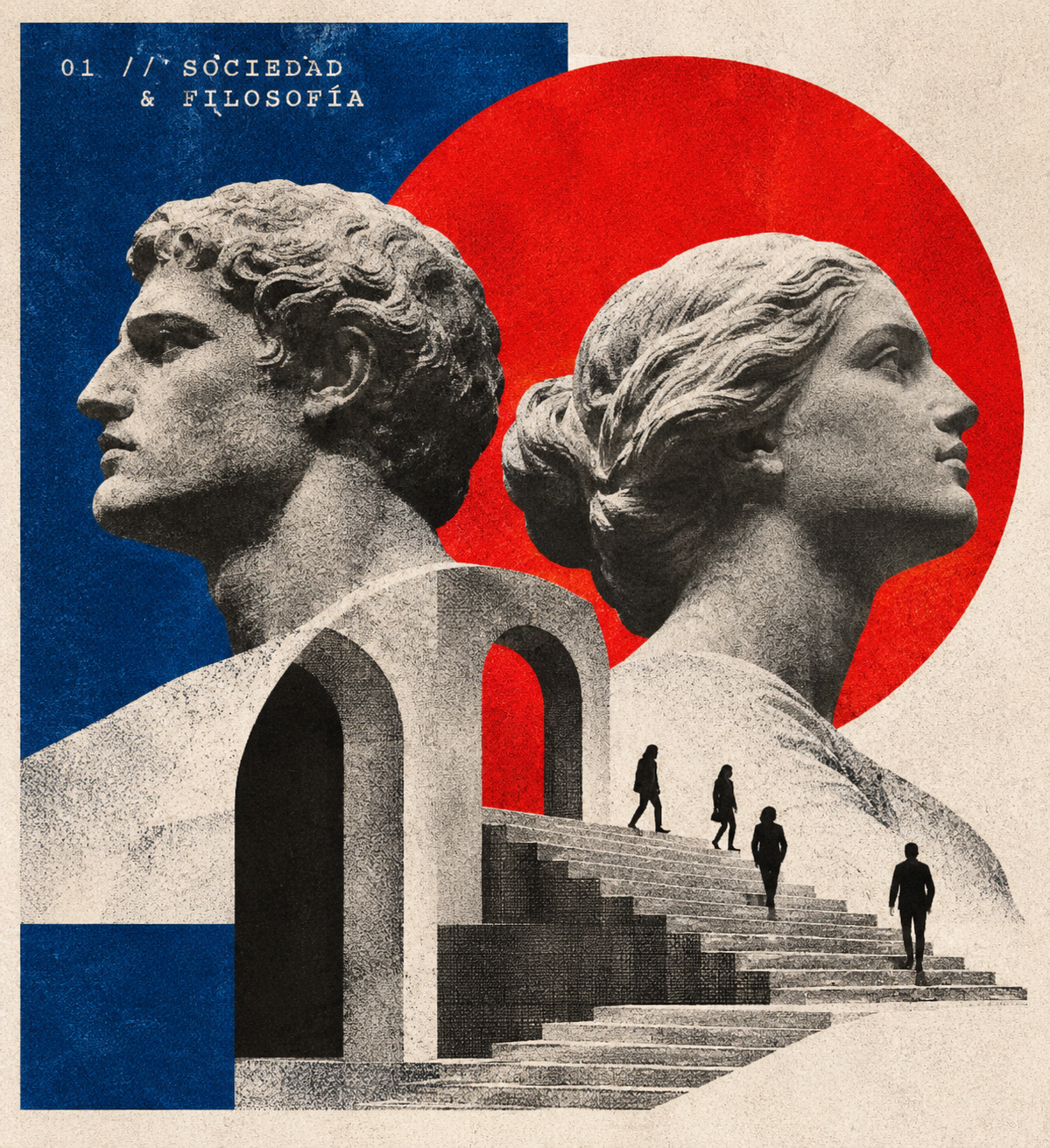 Collage editorial en azul y rojo con dos esculturas clásicas mirando en direcciones opuestas, una estructura arquitectónica de arcos y escaleras, y pequeñas figuras humanas que simbolizan el encuentro entre perspectivas diferentes.